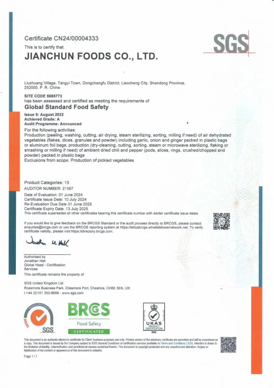 BRCGS Certificate — JIANCHUN FOODS CO., LTD.